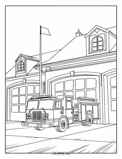 Coloriage de bâtiment pour enfants : Une caserne de pompiers avec un mât de drapeau, des portes de garage et un camion à échelle