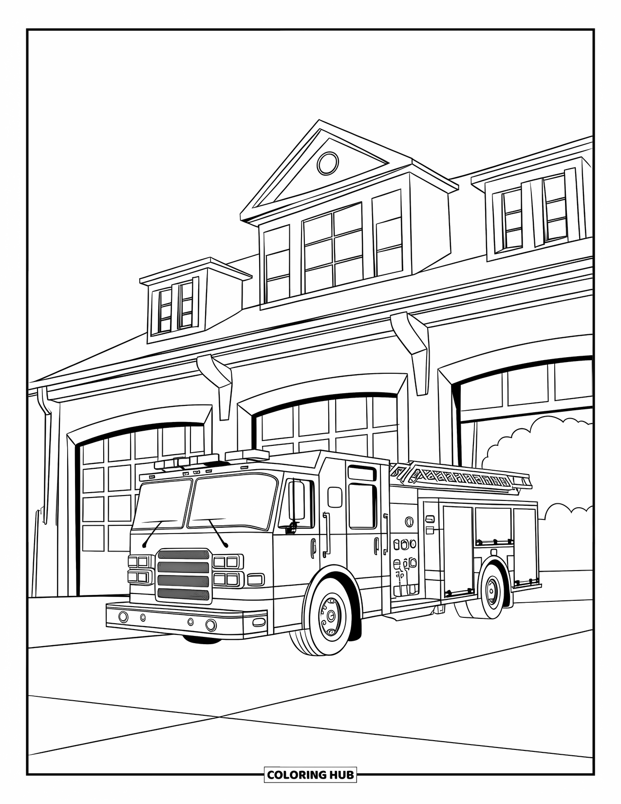 Building Coloring Page for Kids: A fire station with a ladder truck, big garage doors, and a clear sky background