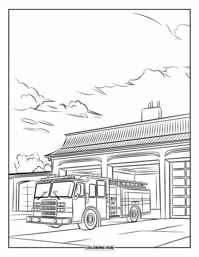 Coloriage de bâtiment pour enfants : Un camion de pompiers garé devant une caserne aux portes ouvertes sous un ciel avec quelques nuages