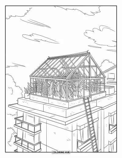 Coloriage de bâtiment pour enfants : Une serre avec des parois en verre et des plantes au sommet d'un immeuble en béton