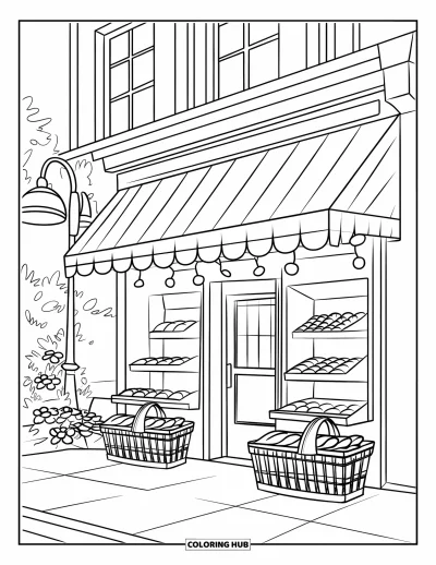 Coloriage de bâtiment pour enfants : Une épicerie avec des fleurs, des paniers et un auvent rayé près d'un lampadaire