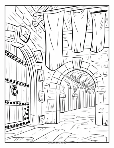 Coloriage de bâtiment pour enfants : Un hôtel de guilde avec une entrée en arc, une porte en bois et des murs en pierre sculptée
