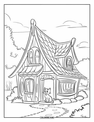 Coloriage de bâtiment pour enfants : Un chat heureux assis près d'une maison avec un toit élancé et de grandes fenêtres sous un ciel clair