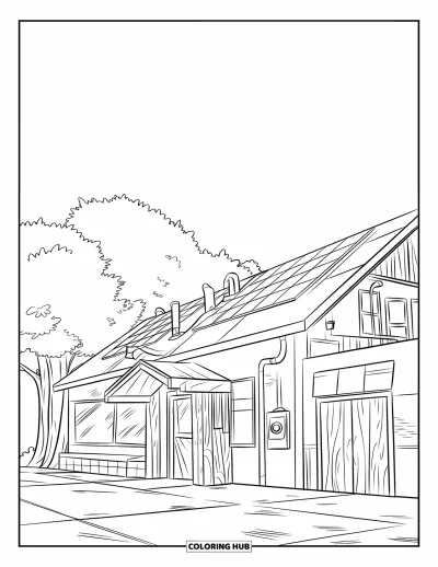Coloriage de bâtiment pour enfants : Un bâtiment de laboratoire avec des panneaux solaires, une porte en bois et des arbres le long d'une allée pavée