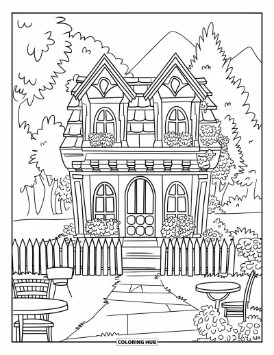 Coloriage de bâtiment pour enfants : Une bibliothèque avec un toit rouge, une clôture à piquets et des chaises dehors parmi les arbres et les montagnes