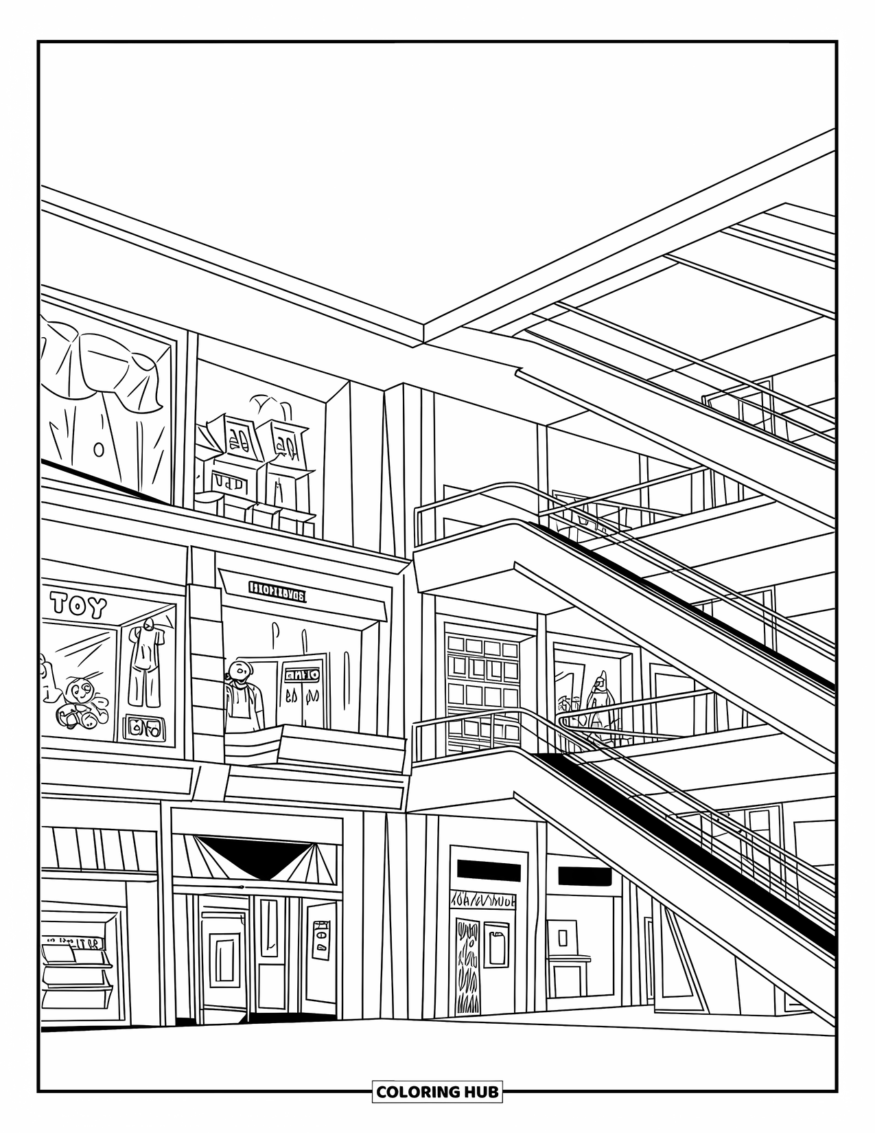 Building Coloring Page for Kids: A mall with shops, escalators, and signs, including a toy store and bookstore