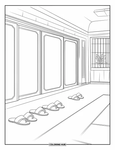 Coloriage de bâtiment pour enfants : Un dojo d'arts martiaux avec des portes coulissantes, des sandales, un tatami et une fenêtre à barreaux