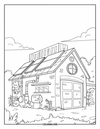 Coloriage de bâtiment pour enfants : Un laboratoire moderne avec des panneaux solaires, des tuyaux latéraux et des plantes à proximité