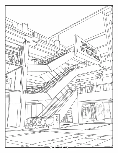 Coloriage de bâtiment pour enfants : Un centre commercial moderne avec des escalators, des enseignes et des vitrines sur deux niveaux
