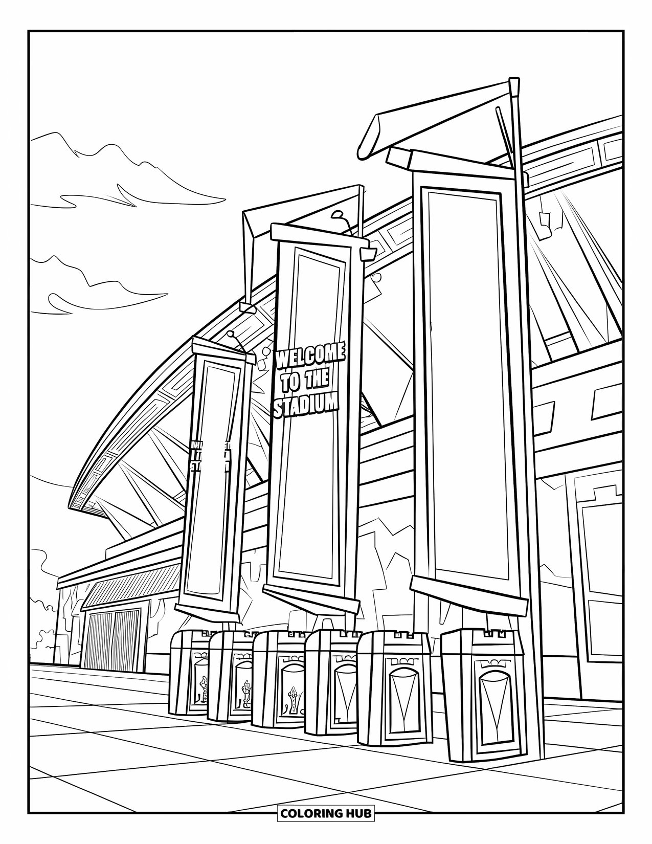 Building Coloring Page for Kids: A modern stadium with a curved roof, castle-themed turnstiles, and welcoming banners