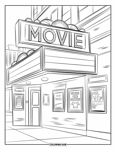 Coloriage de bâtiment pour enfants : Un cinéma avec des affiches, des lampadaires et une scène de rue en arrière-plan
