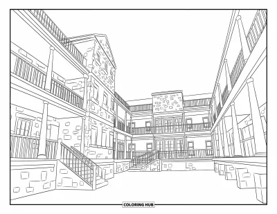 Coloriage de bâtiment pour enfants : Un dortoir à plusieurs étages avec des murs en pierre, des balcons et des rambardes à chaque niveau