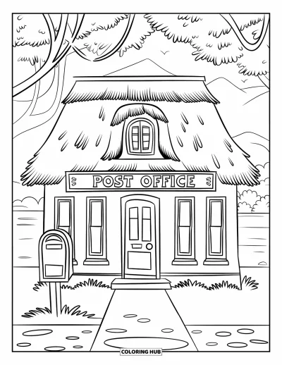 Coloriage de bâtiment pour enfants : Un bureau de poste avec un toit de chaume, des arbres et des montagnes au bord d'un plan d'eau calme