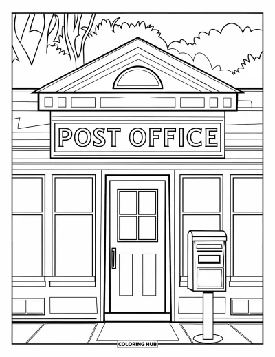 Coloriage de bâtiment pour enfants : Un bureau de poste avec de grandes fenêtres, une boîte aux lettres, une porte d'entrée et un design joyeux