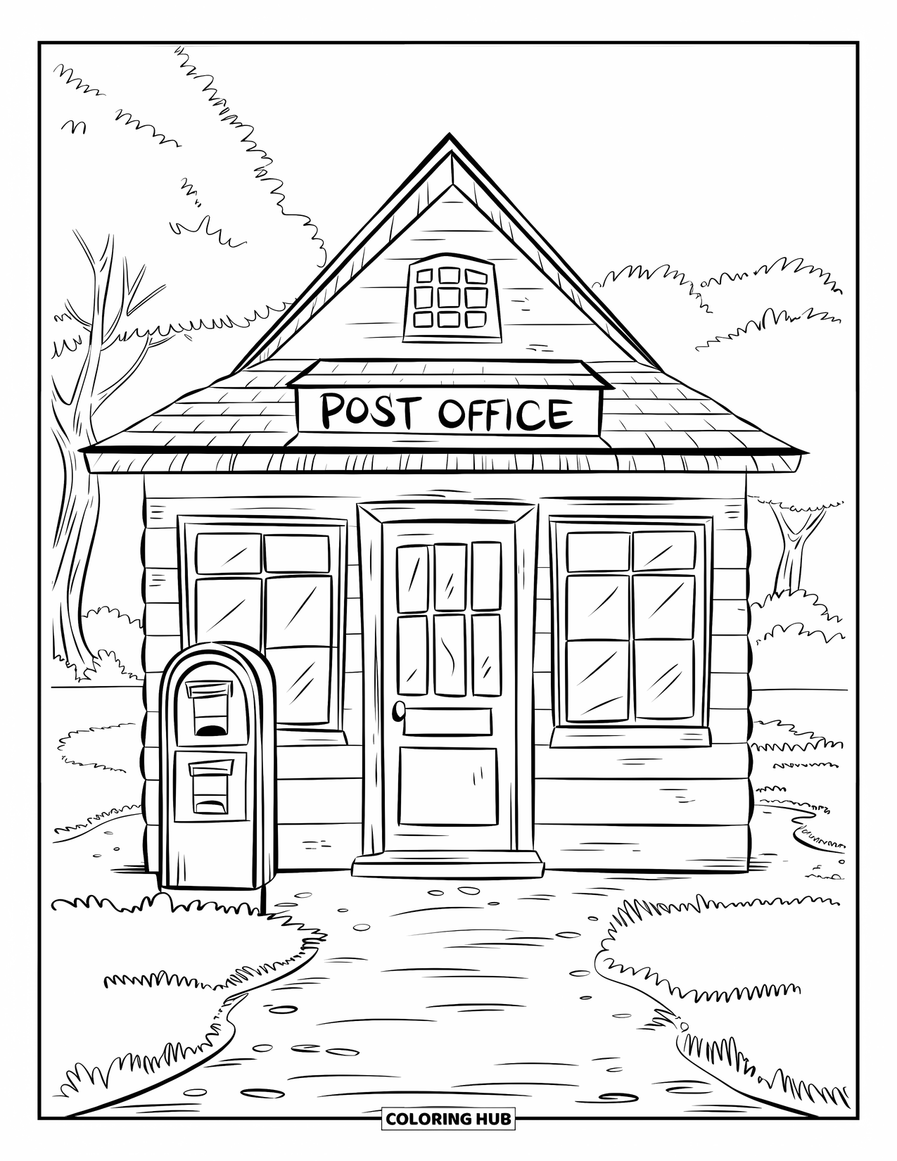Building Coloring Page for Kids: A post office with pitched roof, gravel path, and trees in the background