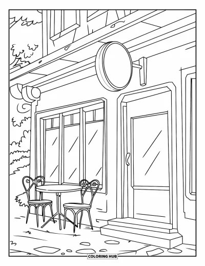 Coloriage de bâtiment pour enfants : Un restaurant avec une enseigne ronde, un sol en pierre et une table avec deux chaises à l'extérieur