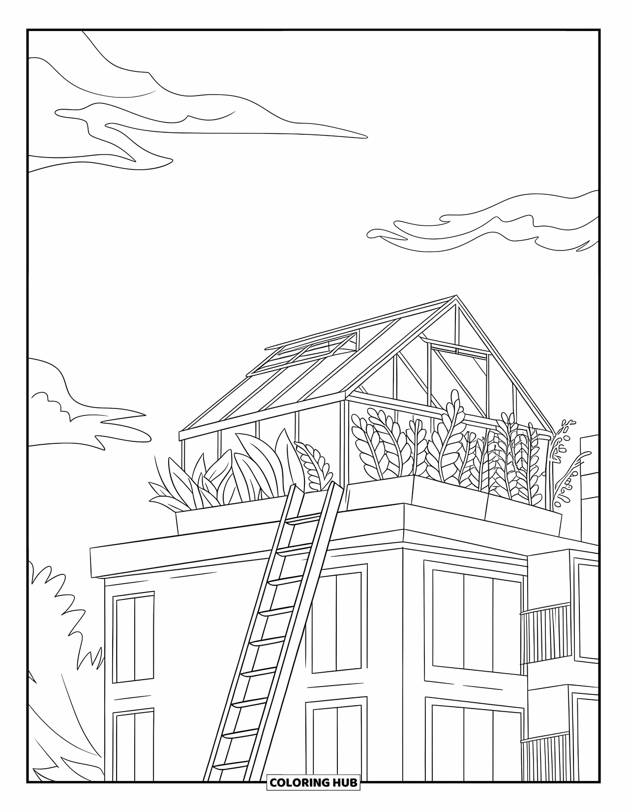 Building Coloring Page for Kids: A rooftop greenhouse full of plants, with a ladder and calm sky overhead