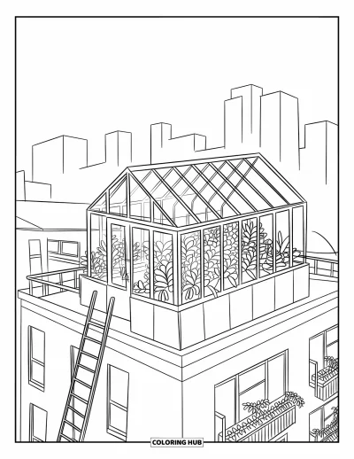 Coloriage de bâtiment pour enfants : Une serre sur le toit avec des plantes luxuriantes au-dessus d'un immeuble moderne et une skyline urbaine