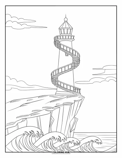 Coloriage de bâtiment pour enfants : Un phare arrondi avec un escalier en spirale, des vagues déferlantes et quelques nuages dans le ciel