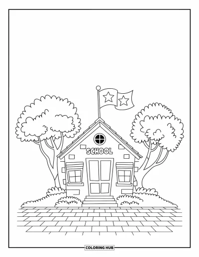 Coloriage de bâtiment pour enfants : Une école avec un toit rouge, un drapeau au sommet et des arbres de chaque côté