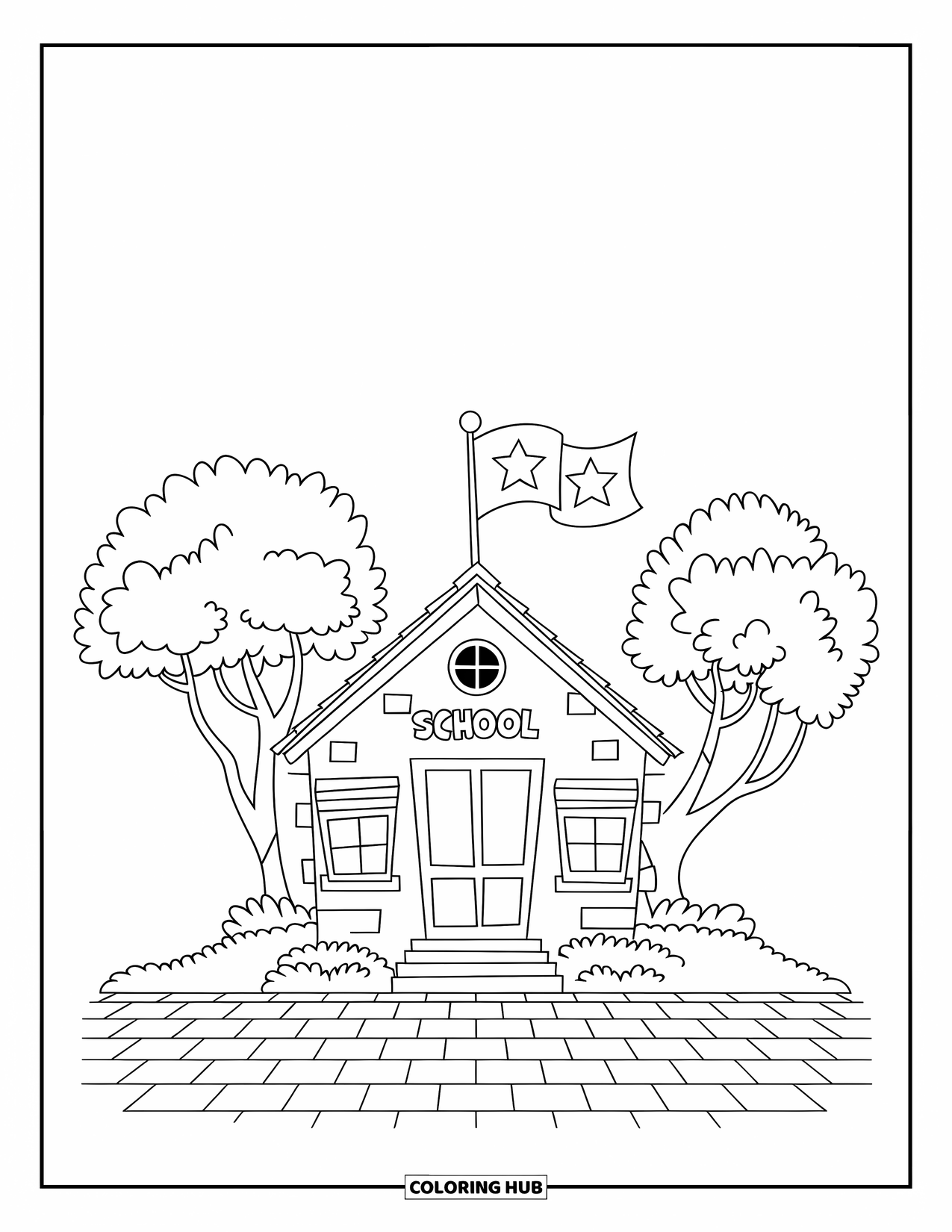 Building Coloring Page for Kids: A school building with a red roof, flag above, and trees on each side