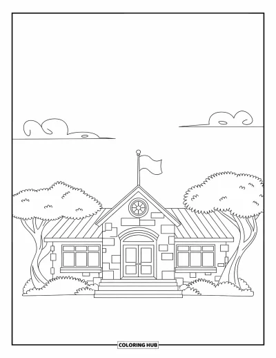 Coloriage de bâtiment pour enfants : Une école avec des arbres dépassant du toit et un drapeau qui flotte au-dessus