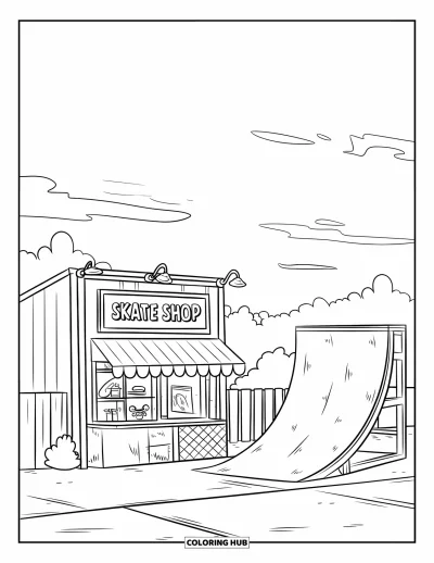 Coloriage de bâtiment pour enfants : Un magasin de skate avec une rampe à côté et des nuages au-dessus