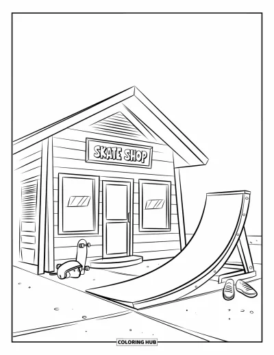 Coloriage de bâtiment pour enfants : Un magasin de skate avec une rampe, des planches, un casque et des chaussures sur un sol en béton