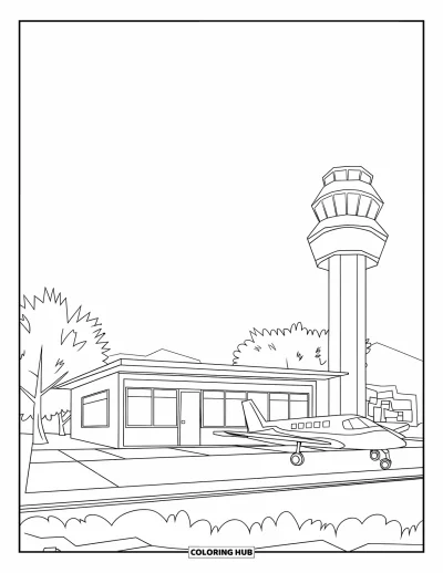 Coloriage de bâtiment pour enfants : Un petit aéroport avec une tour de contrôle, un avion, des arbres et une route à proximité