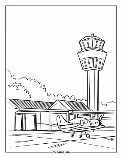 Coloriage de bâtiment pour enfants : Un petit aéroport avec des toits inclinés, une tour de contrôle ronde et des arbres en arrière-plan
