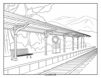 Coloriage de bâtiment pour enfants : Une petite gare avec un banc, une horloge, un quai et des montagnes en arrière-plan