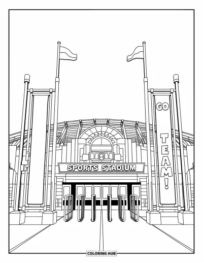 Coloriage de bâtiment pour enfants : Un stade sportif avec des murs en brique, des bannières, des tourniquets et une enseigne « Go Team ! »