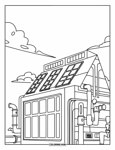 Coloriage de bâtiment pour enfants : Un laboratoire carré avec de grandes fenêtres, des panneaux sur le toit et quelques tuyaux sur les côtés