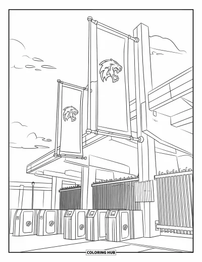 Coloriage de bâtiment pour enfants : L'entrée d'un stade avec des bannières, des tourniquets et une barrière métallique sous un ciel dégagé