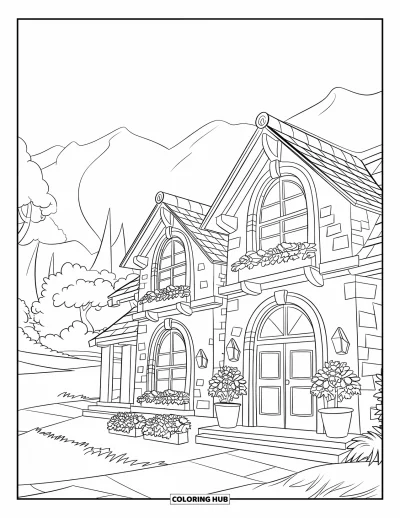 Coloriage de bâtiment pour enfants : Une bibliothèque de village en pierre avec des plantes en pot, des montagnes et des arbres en arrière-plan