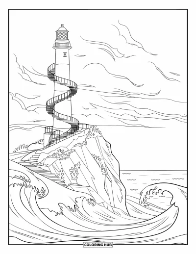 Coloriage de bâtiment pour enfants : Un phare rayé avec un escalier en spirale, une falaise rocheuse et une mer agitée en contrebas