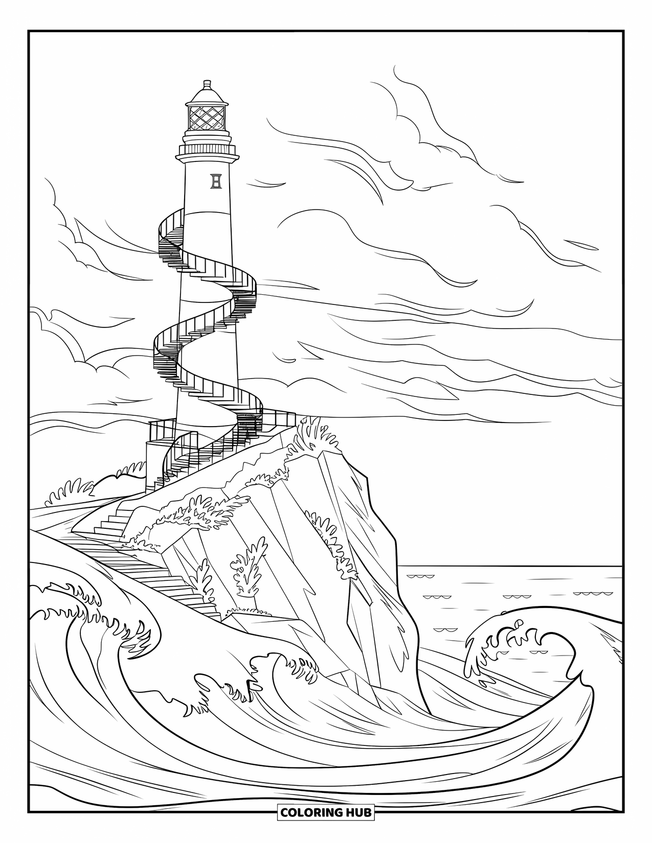 Building Coloring Page for Kids: A striped lighthouse with spiral stairs, rocky cliff, and turbulent sea below