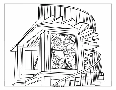 Coloriage de bâtiment pour enfants : Un grand beffroi avec des panneaux ouverts, des engrenages visibles et un escalier en spirale intérieur