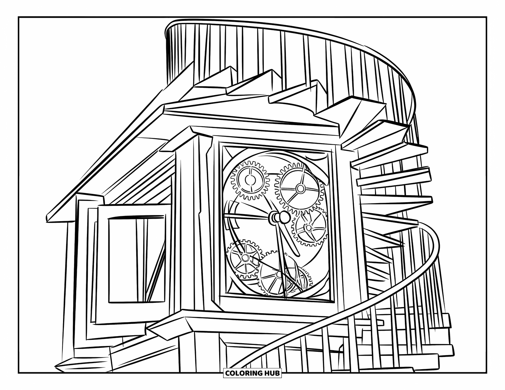 Building Coloring Page for Kids: A tall clock tower with open panels, visible gears, and a spiral staircase inside