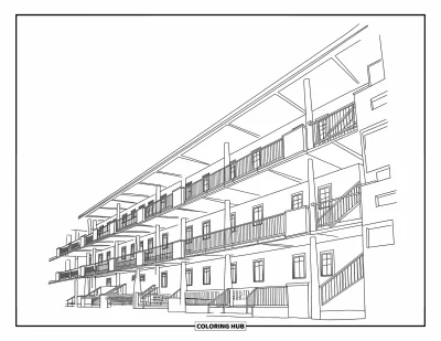Coloriage de bâtiment pour enfants : Un grand dortoir avec des fenêtres, des balcons et des cages d'escalier répartis sur plusieurs étages