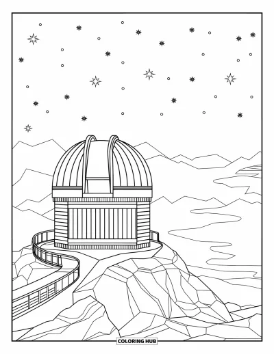 Coloriage de bâtiment pour enfants : Un grand observatoire sur terrain rocheux avec un toit dôme et une plateforme de télescope