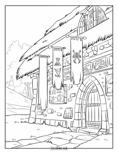 Coloriage de bâtiment pour enfants : Un hôtel de guilde au toit de chaume avec des bannières, des sculptures et des arbres dans un champ verdoyant