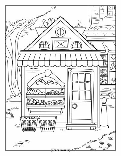 Coloriage de bâtiment pour enfants : Une petite épicerie avec un auvent rayé, des paniers et des rayons de fruits et légumes