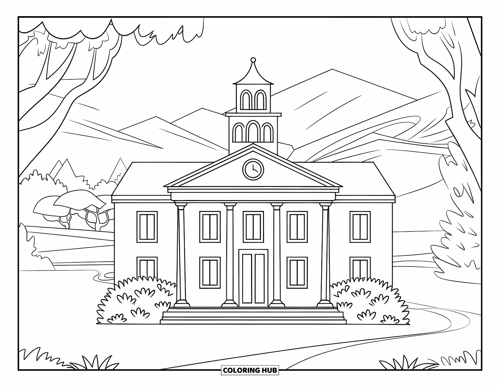 Building Coloring Page for Kids: A town hall with columns, a clock tower, and a path leading through trees and hills