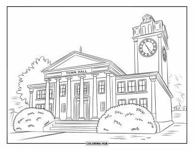 Coloriage de bâtiment pour enfants : Un hôtel de ville avec des chiffres romains sur l'horloge et des buissons dans un cadre paisible