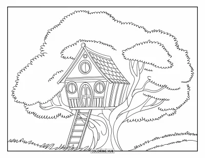Coloriage de bâtiment pour enfants : Une cabane dans les arbres nichée dans des branches avec une grande fenêtre et une échelle entourée d'herbe
