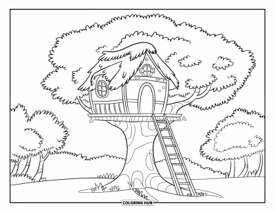 Coloriage de bâtiment pour enfants : Une cabane dans les arbres avec un toit de chaume, une échelle et une grande fenêtre parmi les arbres de la forêt