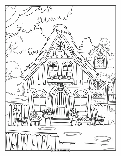 Coloriage de bâtiment pour enfants : Une bibliothèque de village à deux étages avec des fenêtres en arc, des plantes en pot et une clôture en bois