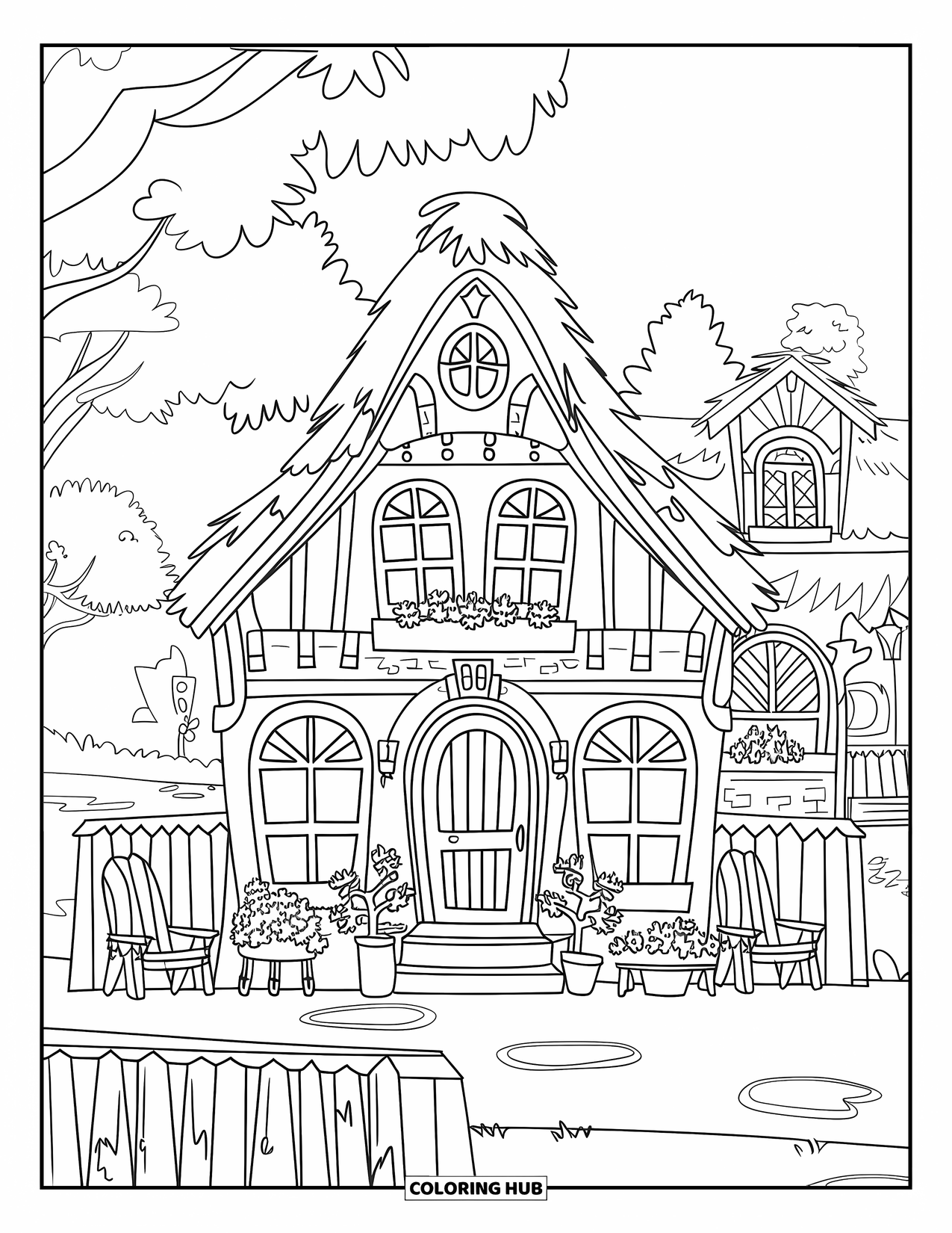 Building Coloring Page for Kids: A two-story village library with arched windows, potted plants, and a wooden fence