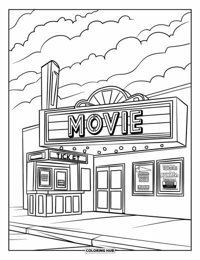 Coloriage de bâtiment pour enfants : Un cinéma rétro avec des affiches, une caisse et une enseigne « Movie » sous un ciel nuageux